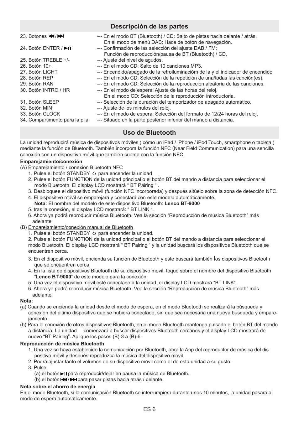 Descripción de las partes uso de bluetooth | Lenco BT-9000 User Manual | Page 62 / 71