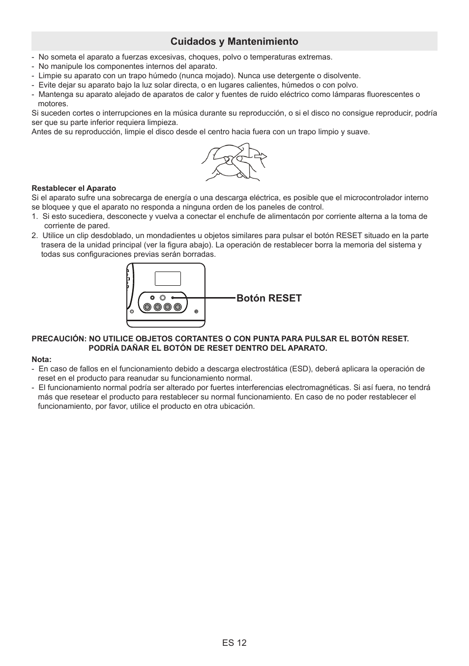 Cuidados y mantenimiento, Botón reset | Lenco BT-9000 User Manual | Page 68 / 71