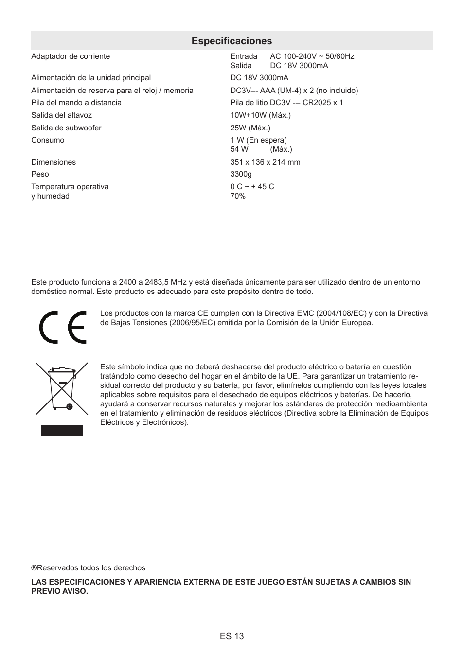 Especificaciones | Lenco BT-9000 User Manual | Page 69 / 71