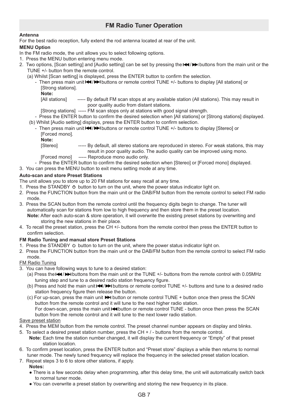 Fm radio tuner operation | Lenco BT-9000 User Manual | Page 7 / 71