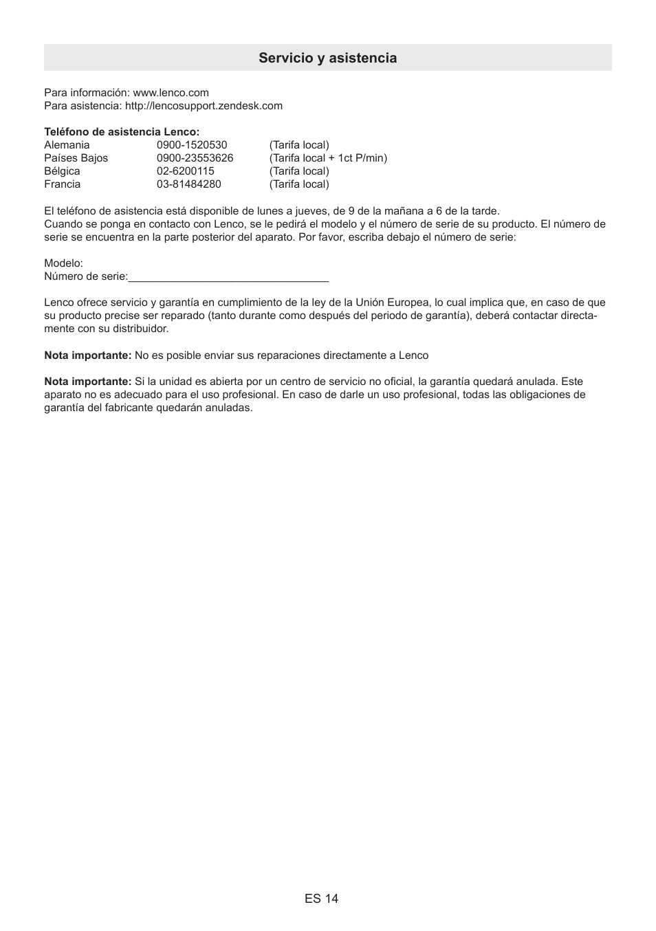 Servicio y asistencia | Lenco BT-9000 User Manual | Page 70 / 71