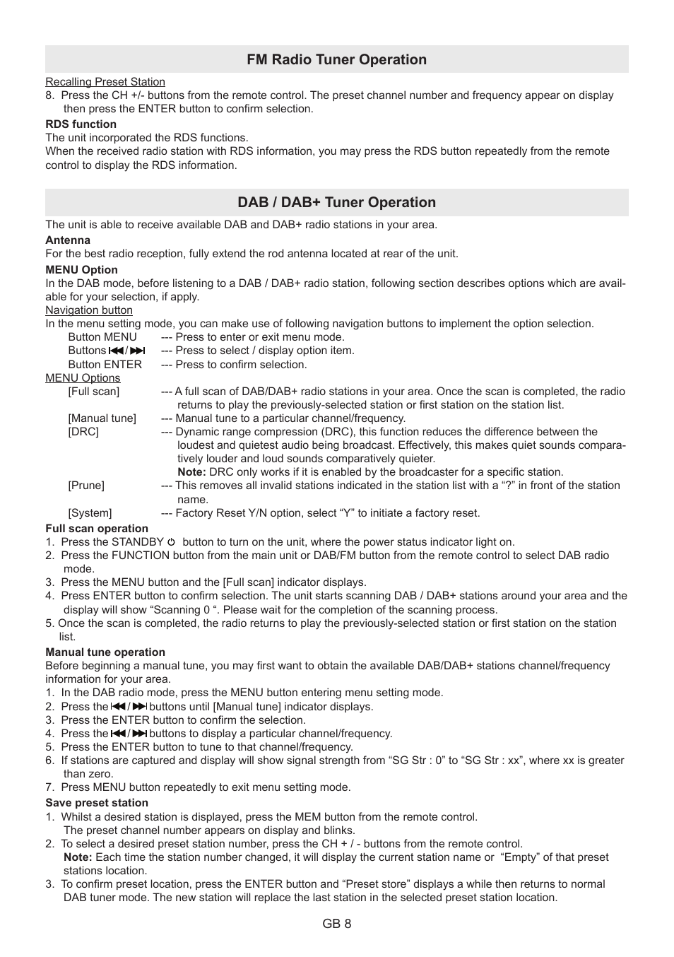 Fm radio tuner operation, Dab / dab+ tuner operation | Lenco BT-9000 User Manual | Page 8 / 71