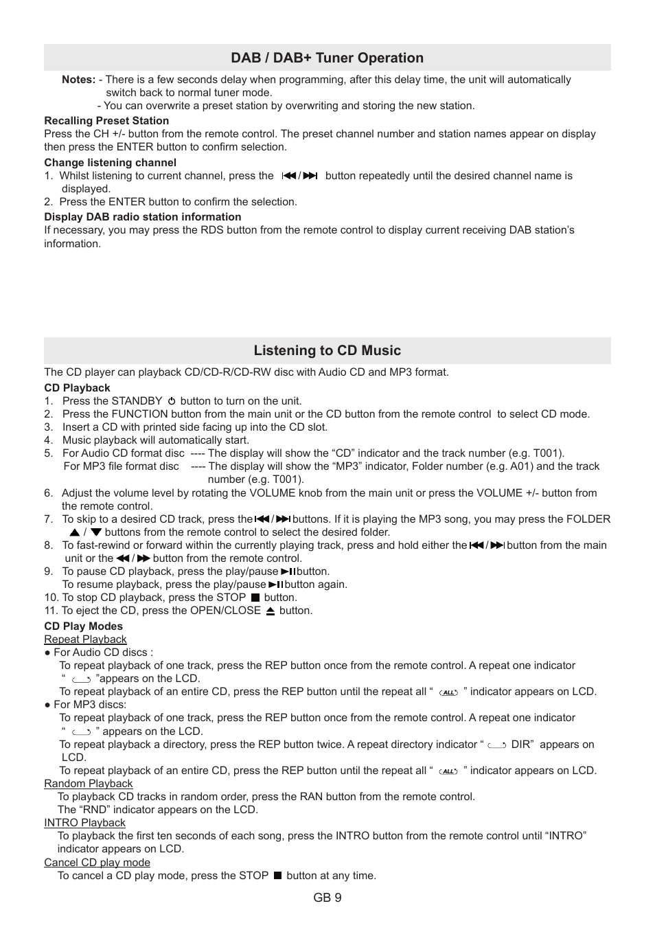 Dab / dab+ tuner operation, Listening to cd music | Lenco BT-9000 User Manual | Page 9 / 71