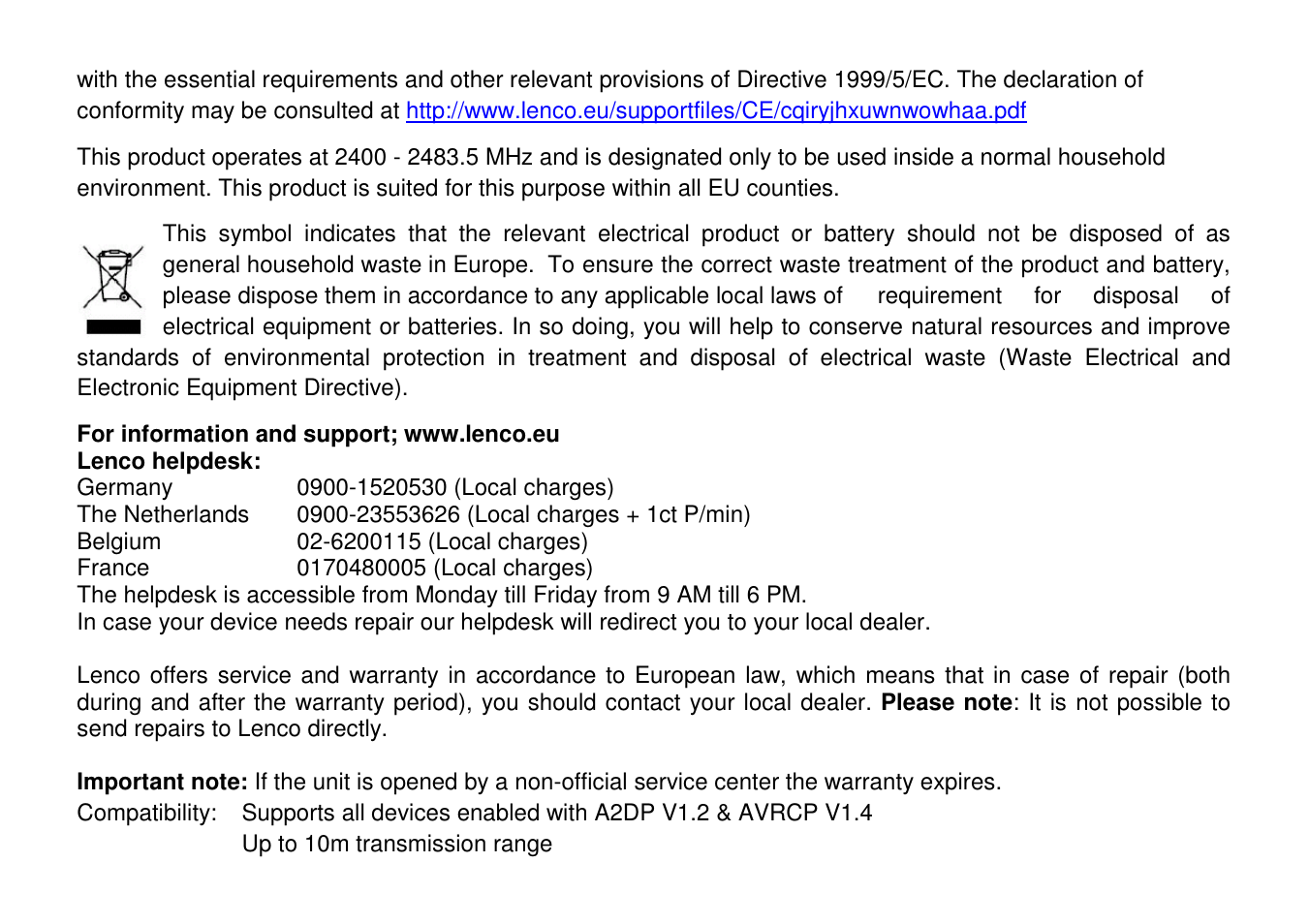Lenco BTA-101 User Manual | Page 9 / 9