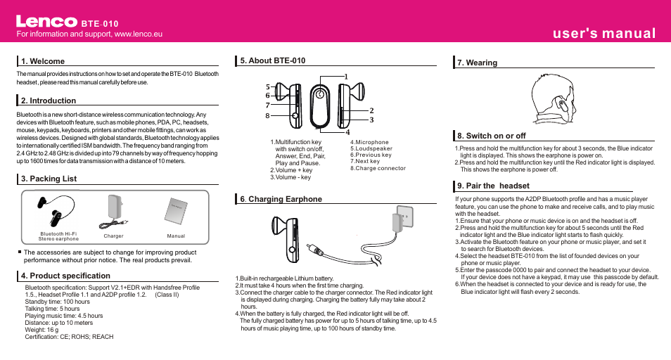 Lenco BTE-010 User Manual | 2 pages