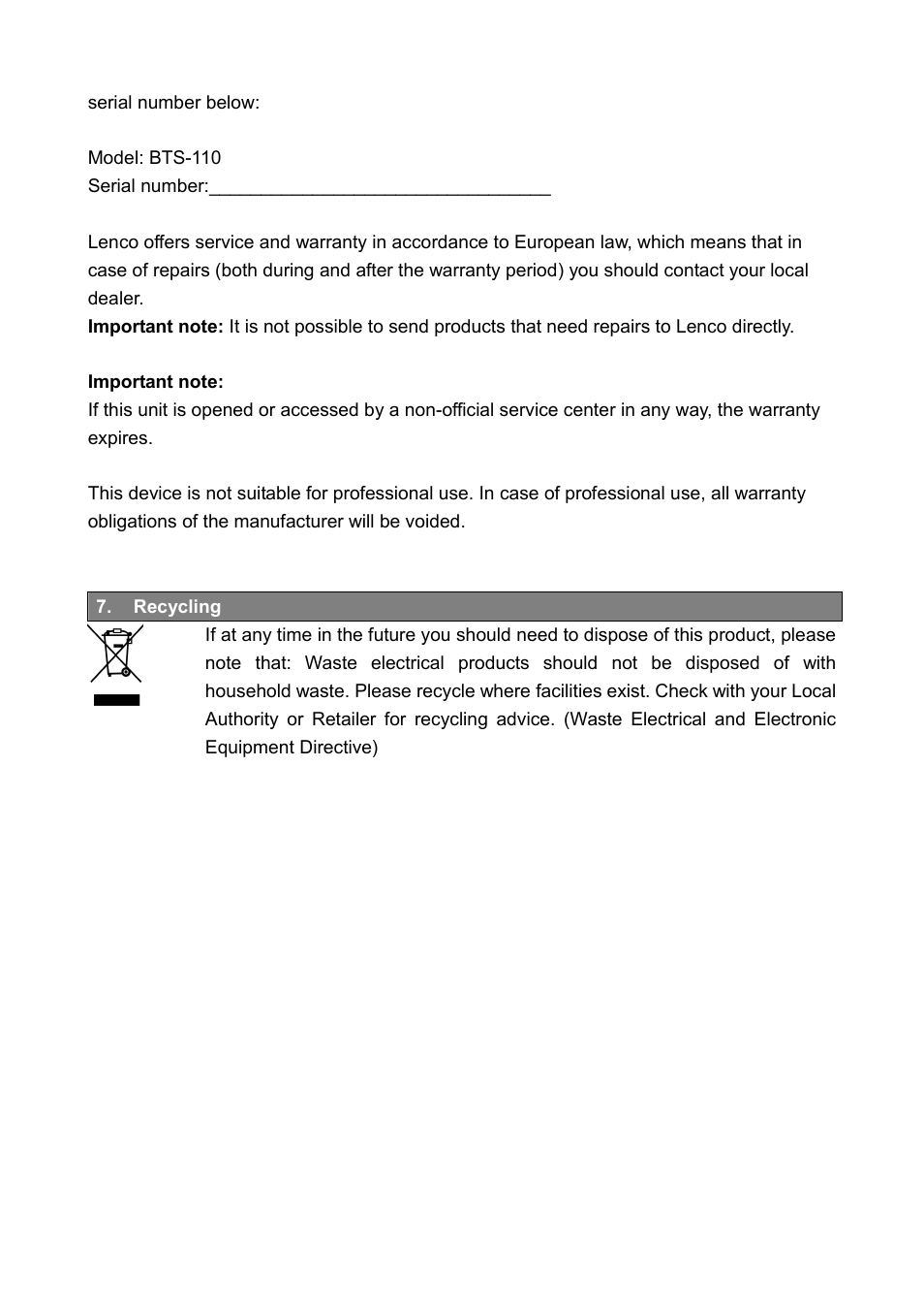 Lenco BTS-110 User Manual | Page 9 / 9