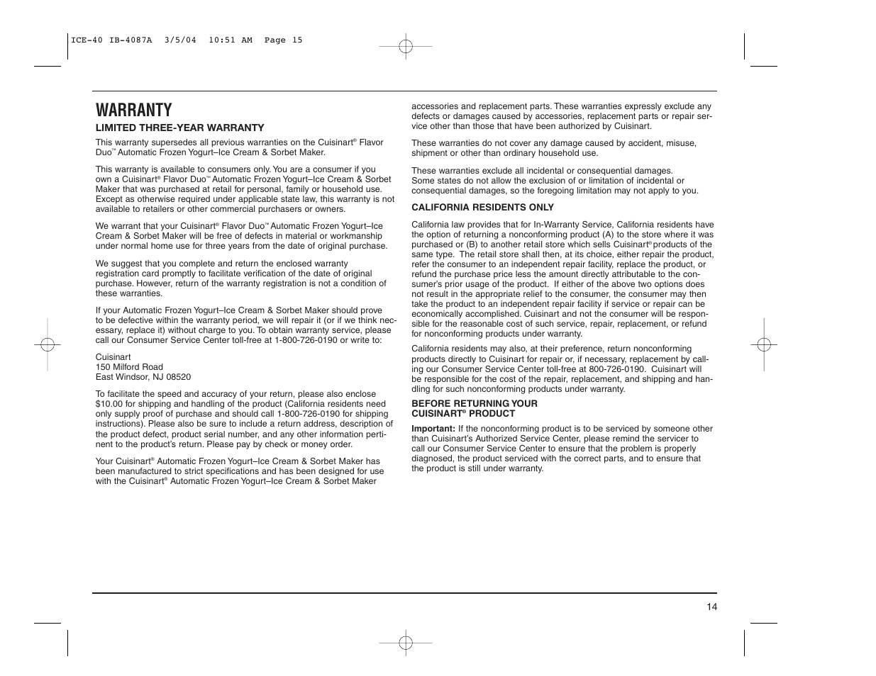 Warranty | Cuisinart ICE-40 User Manual | Page 15 / 16