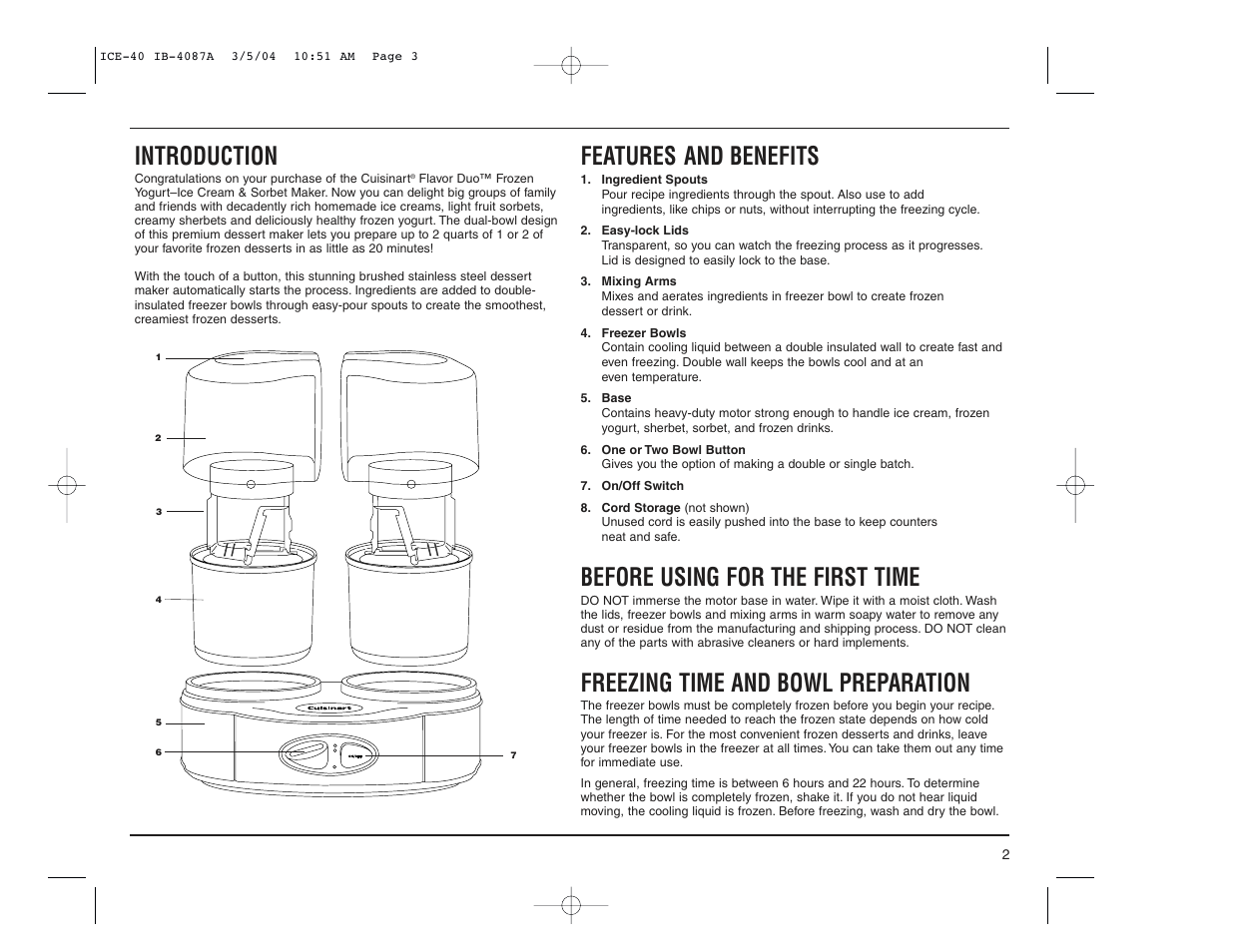 Introduction, Features and benefits, Before using for the first time | Freezing time and bowl preparation | Cuisinart ICE-40 User Manual | Page 3 / 16