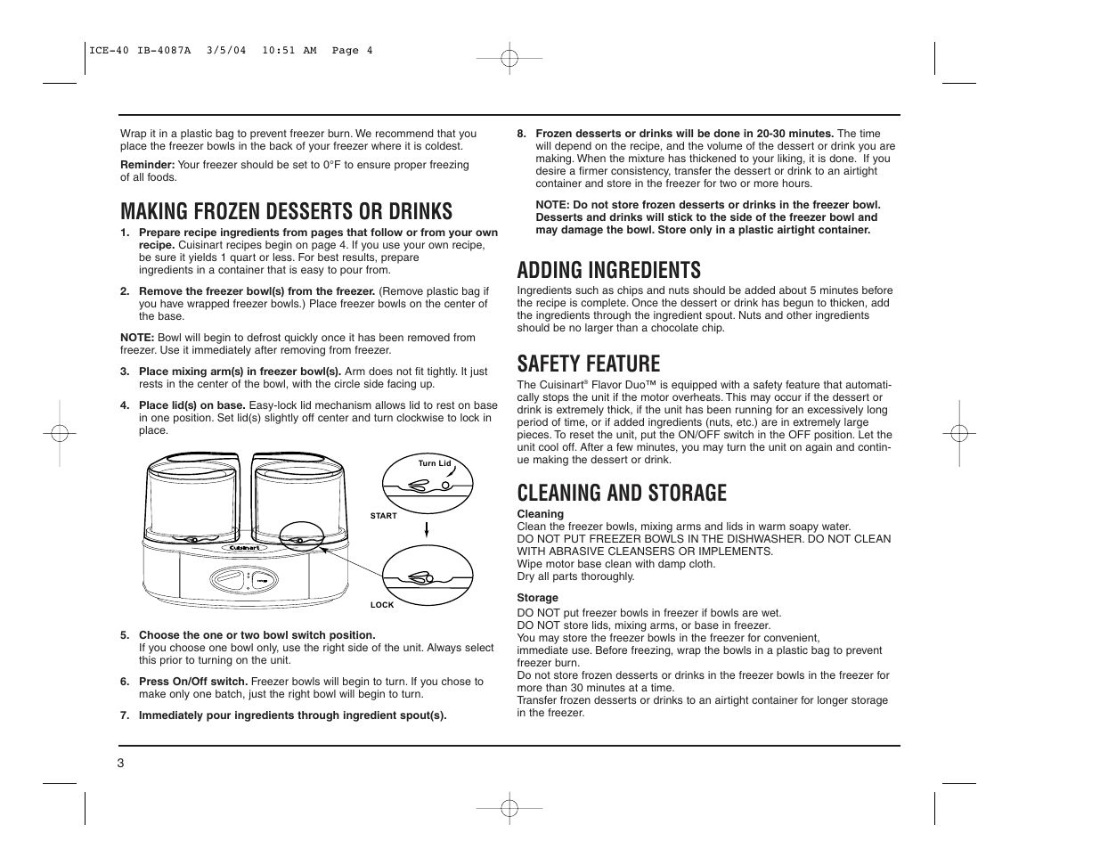 Making frozen desserts or drinks, Adding ingredients, Safety feature | Cleaning and storage | Cuisinart ICE-40 User Manual | Page 4 / 16