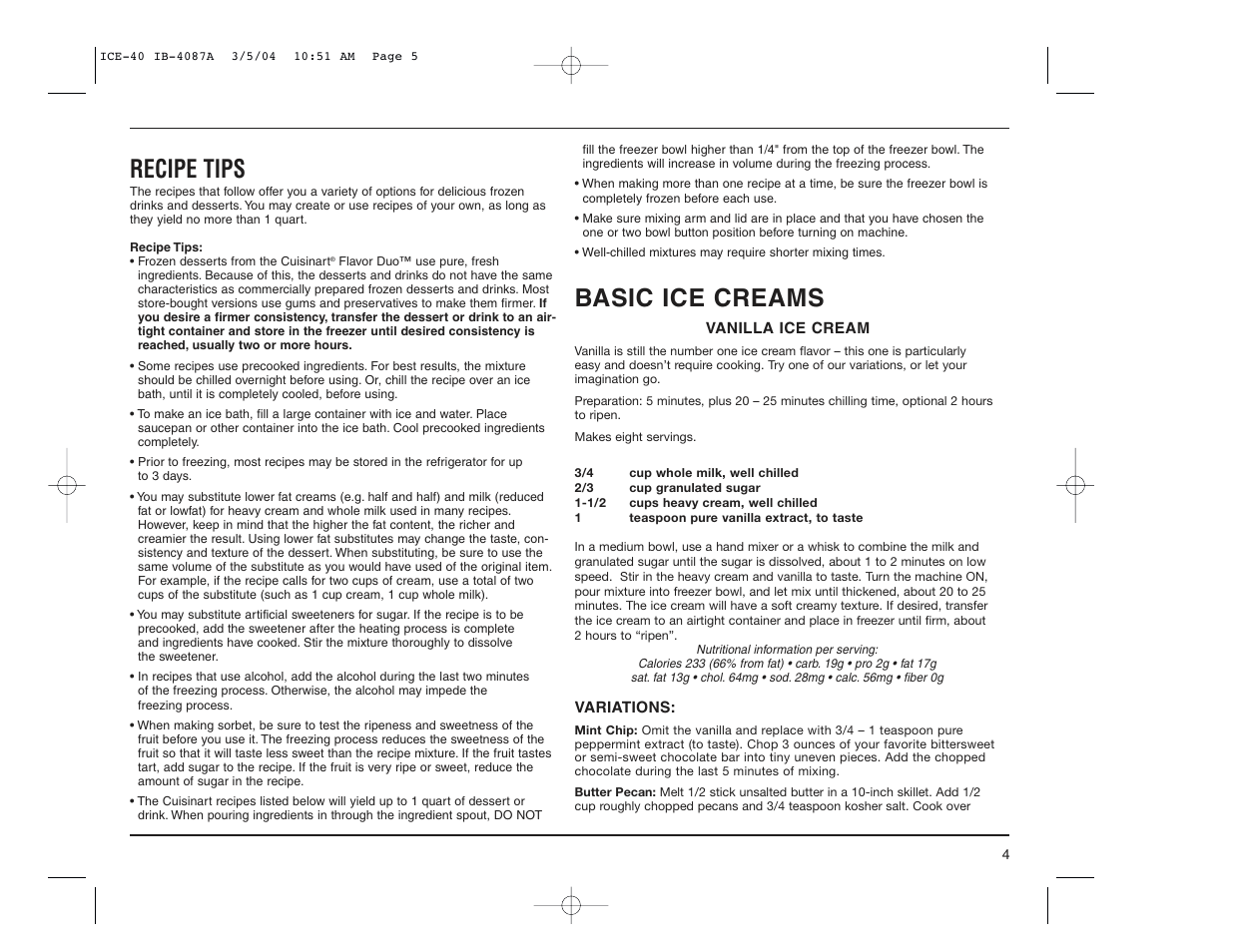 Recipe tips, Basic ice creams | Cuisinart ICE-40 User Manual | Page 5 / 16