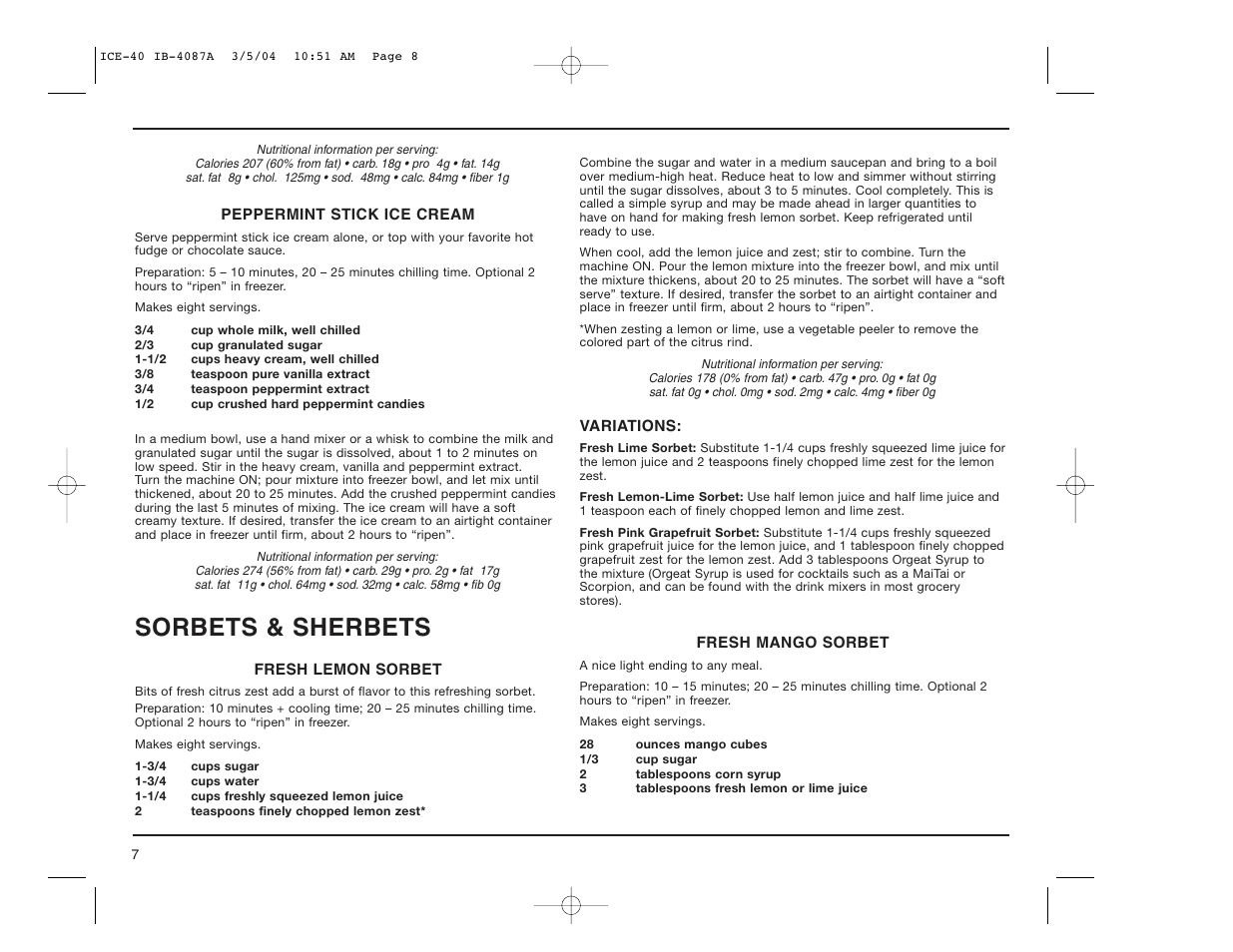 Sorbets & sherbets | Cuisinart ICE-40 User Manual | Page 8 / 16