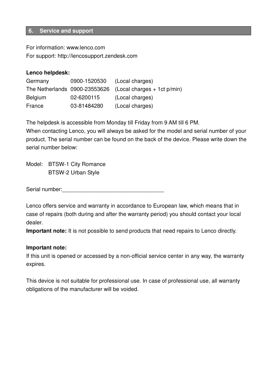 Lenco BTSW-1 User Manual | Page 9 / 10