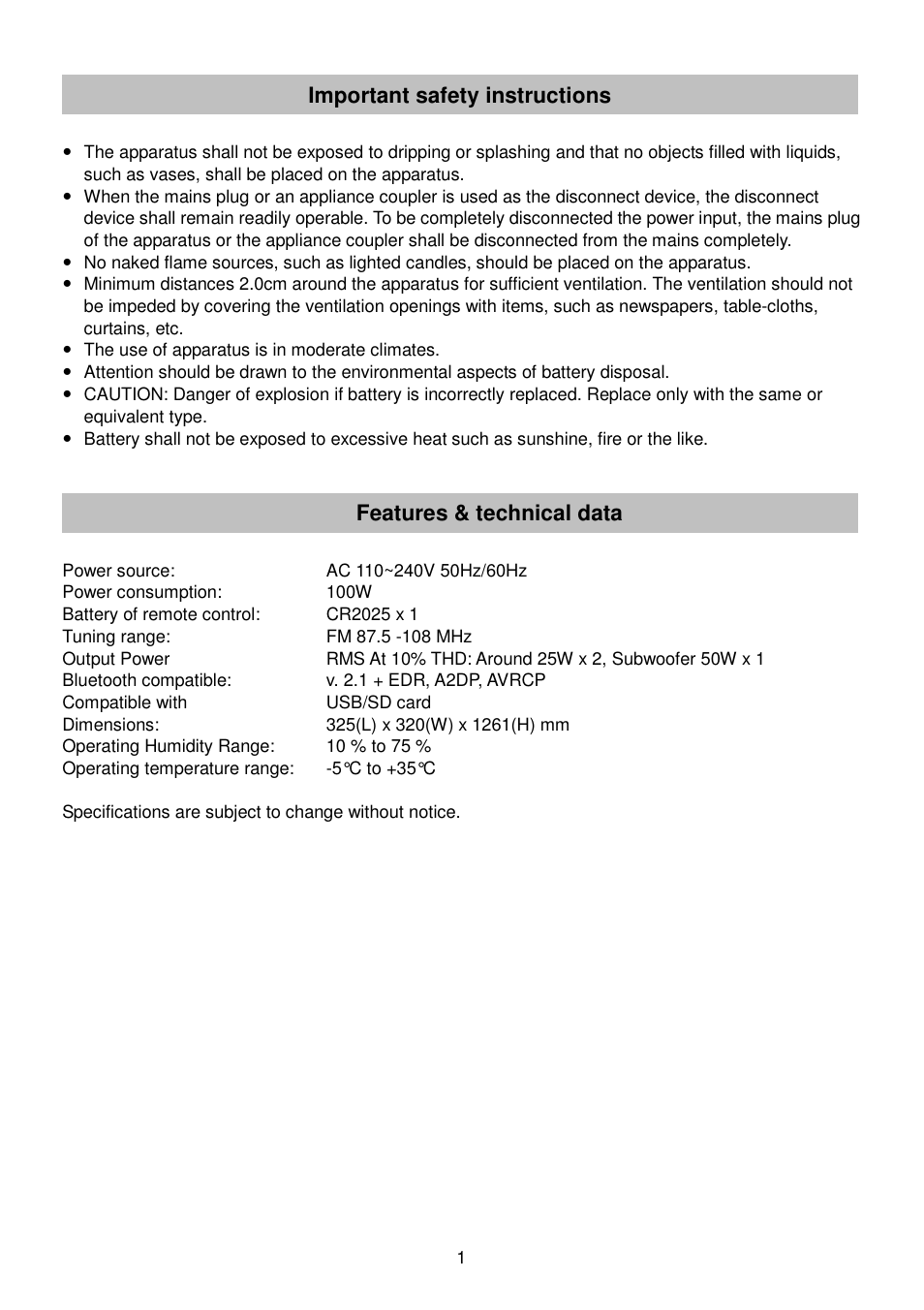 Important safety instructions, Features & technical data | Lenco BTT-100 User Manual | Page 2 / 8