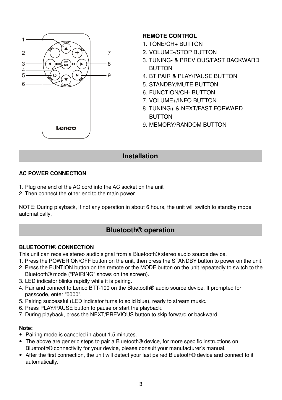 Installation, Bluetooth® operation | Lenco BTT-100 User Manual | Page 4 / 8