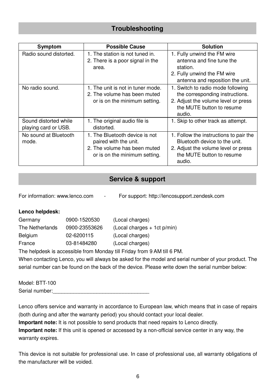 Troubleshooting, Service & support | Lenco BTT-100 User Manual | Page 7 / 8