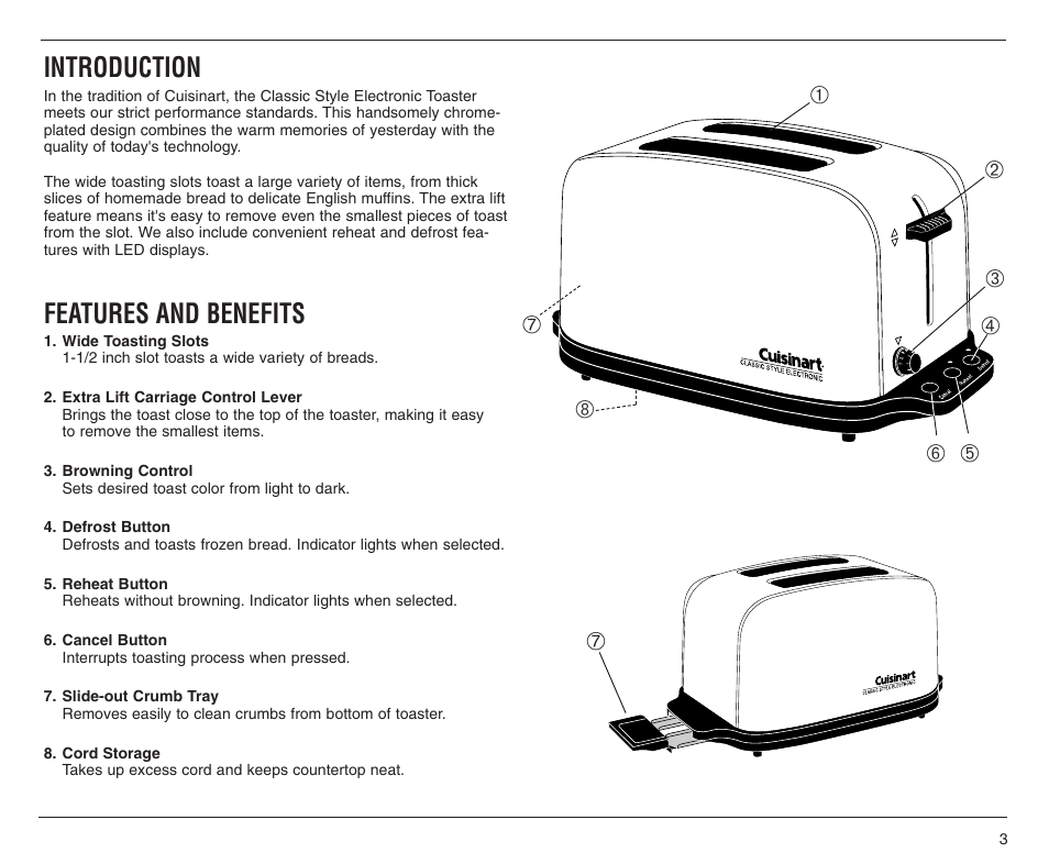 Introduction, Features and benefits | Cuisinart CPT-70 User Manual | Page 3 / 8