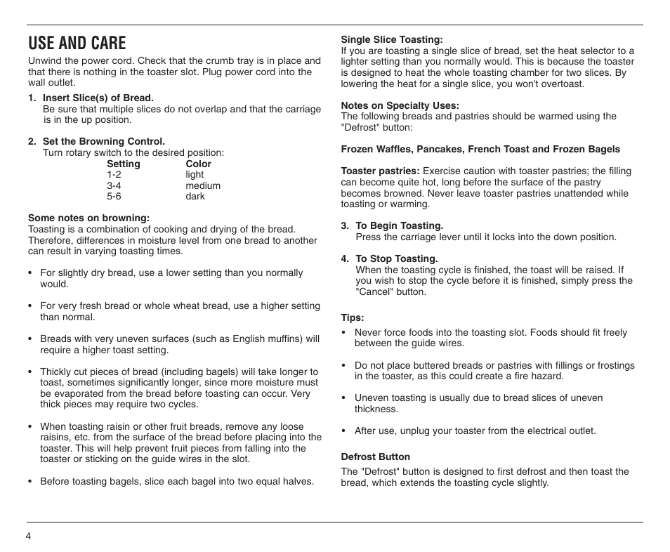 Use and care | Cuisinart CPT-70 User Manual | Page 4 / 8