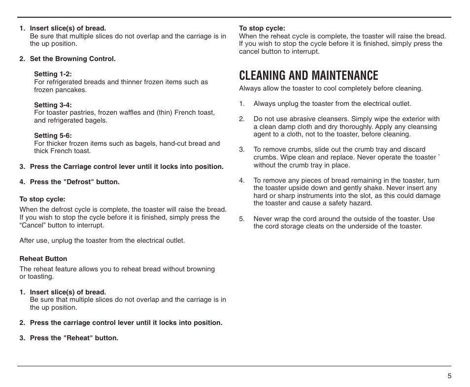 Cleaning and maintenance | Cuisinart CPT-70 User Manual | Page 5 / 8