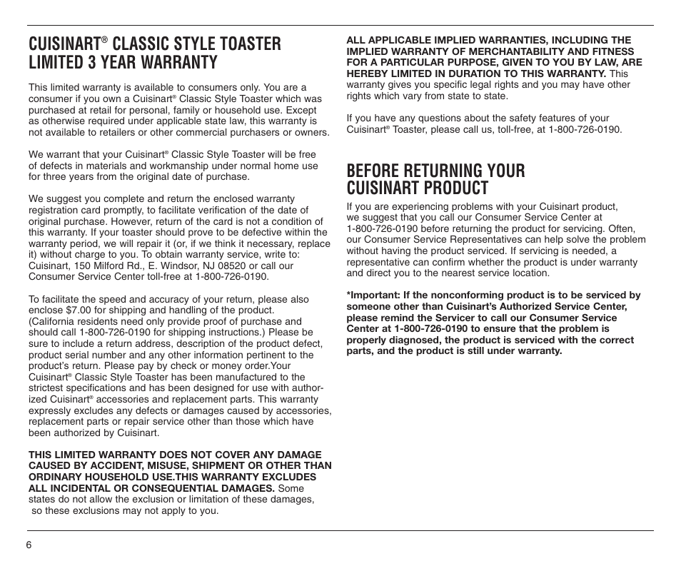 Cuisinart, Classic style toaster limited 3 year warranty, Before returning your cuisinart product | Cuisinart CPT-70 User Manual | Page 6 / 8