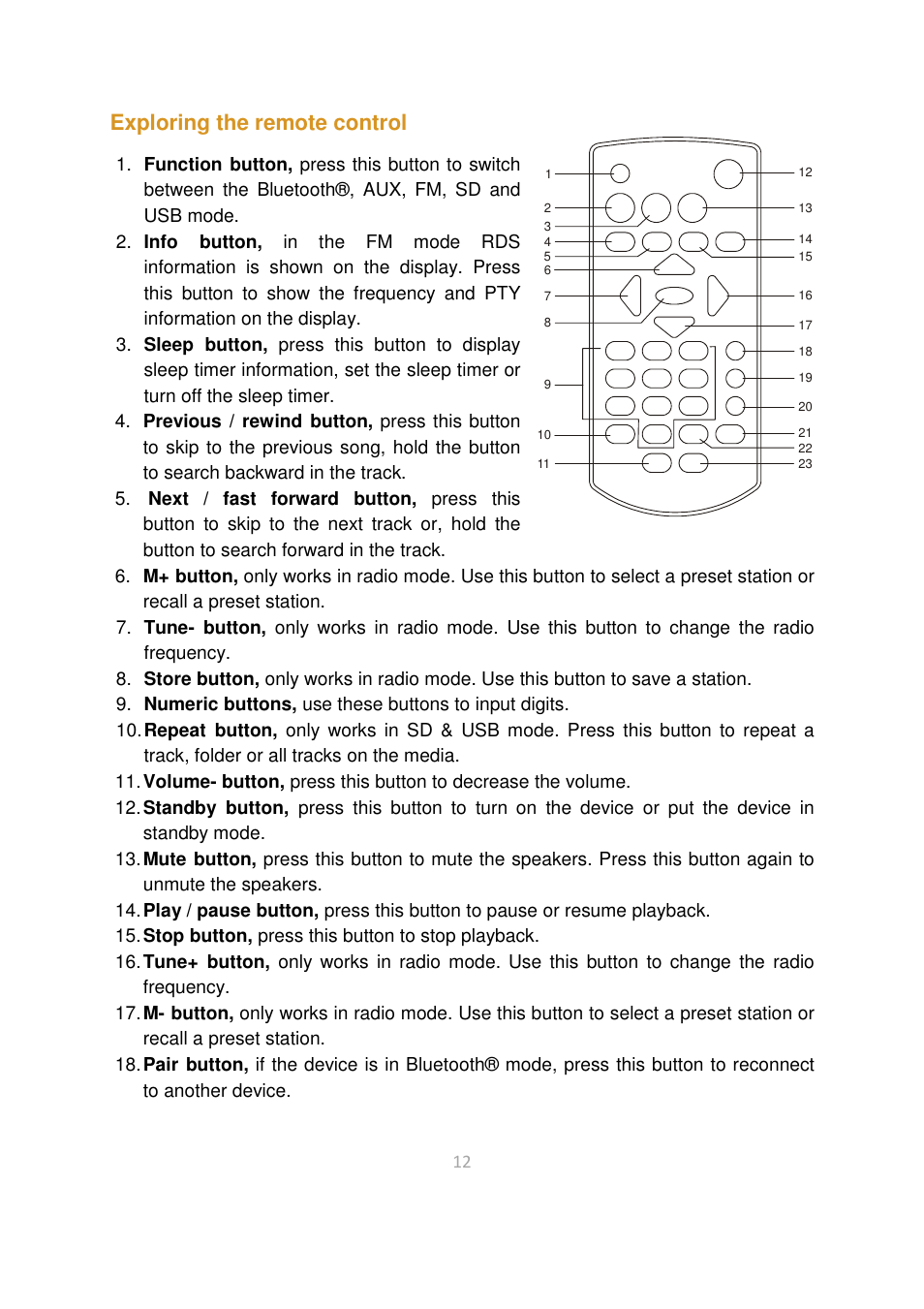 Exploring the remote control | Lenco BTT-2 User Manual | Page 12 / 39