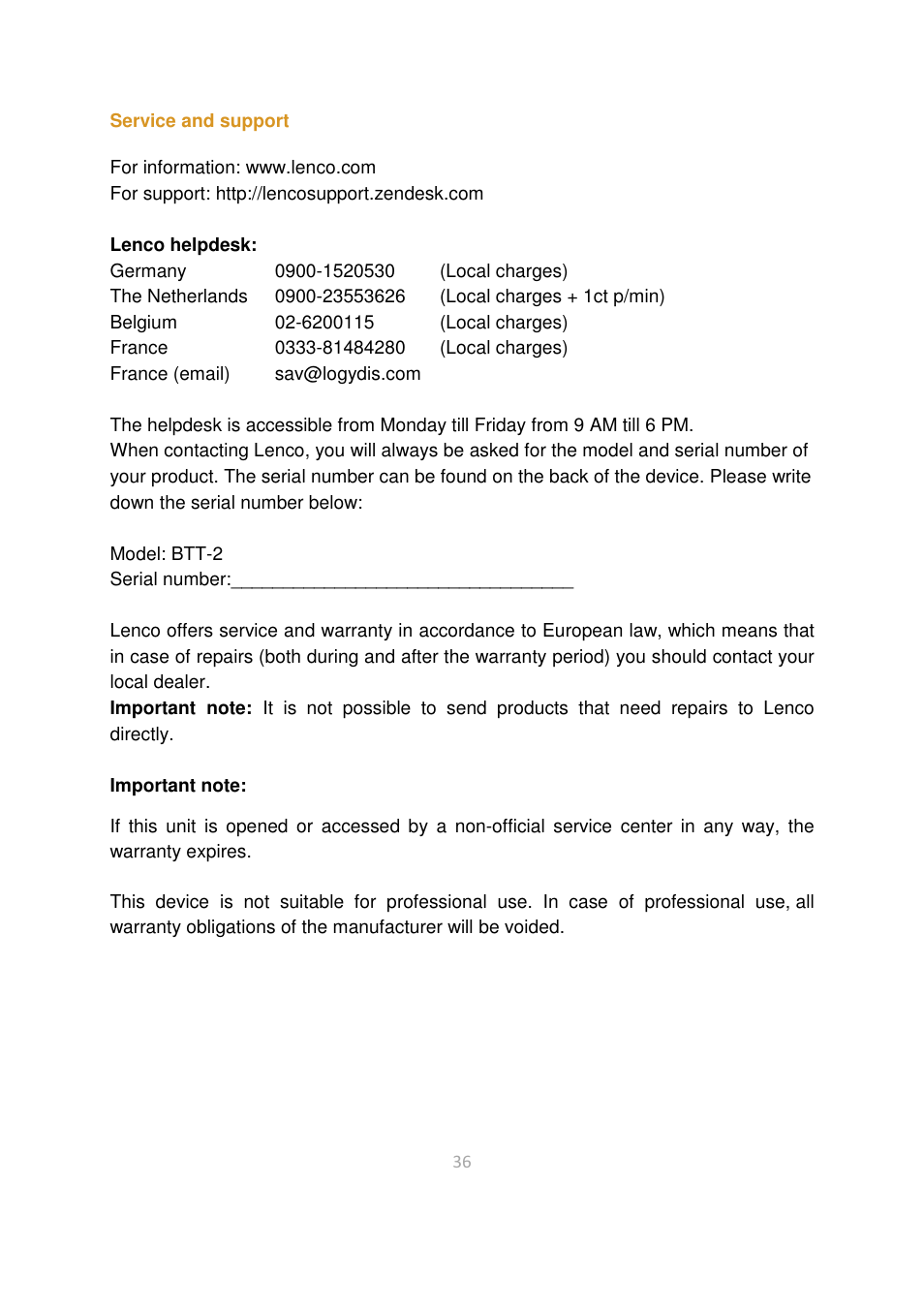Lenco BTT-2 User Manual | Page 36 / 39