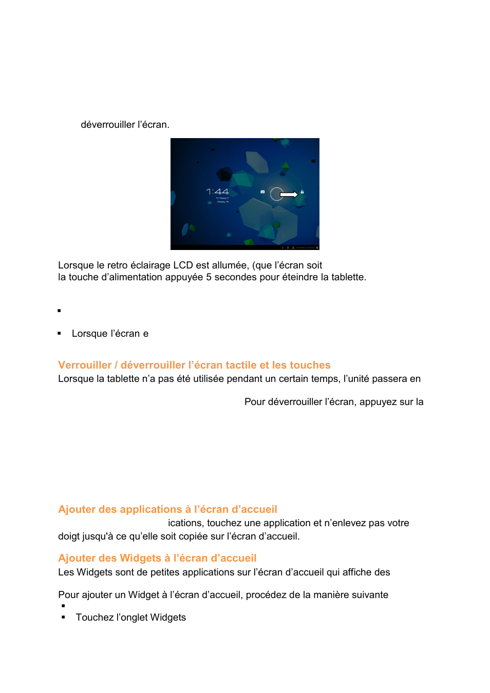 Fonctionnement basique, Allumer / éteindre la tablette, Fonctionnement du panneau de notification | Ajouter des applications à l’écran d’accueil, Ajouter des widgets à l’écran d’accueil | Lenco CARTAB-920 User Manual | Page 113 / 171