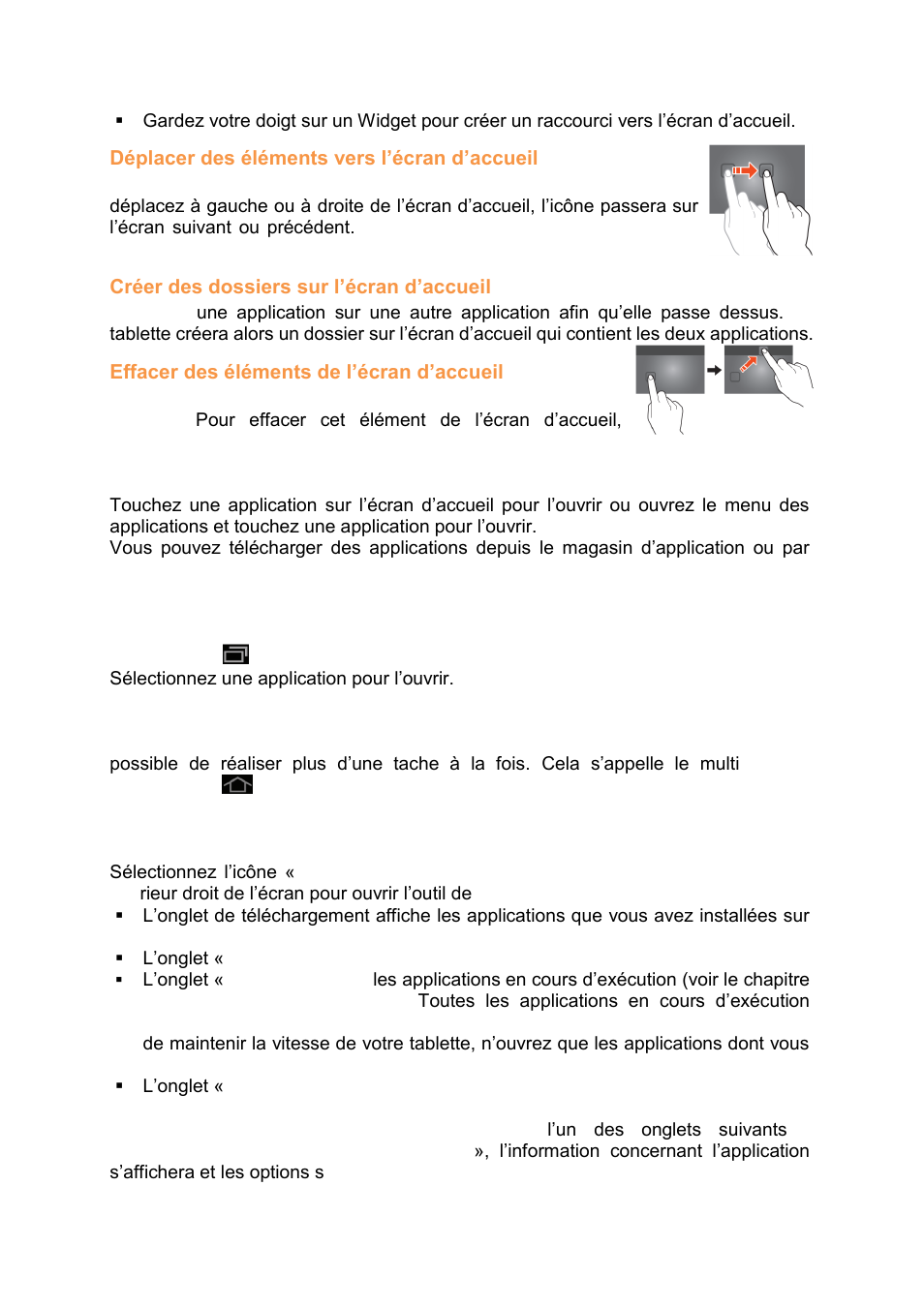 Déplacer des éléments vers l’écran d’accueil, Créer des dossiers sur l’écran d’accueil, Effacer des éléments de l’écran d’accueil | Ouvrir des applications, Applications utilisées récemment, Applications multiples, Gestion des applications | Lenco CARTAB-920 User Manual | Page 114 / 171