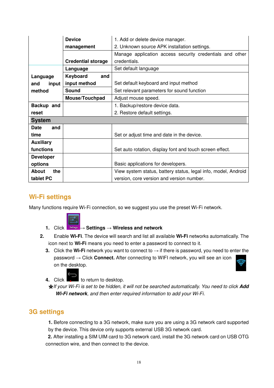 Wi-fi settings, 3g settings | Lenco CARTAB-925 User Manual | Page 18 / 23