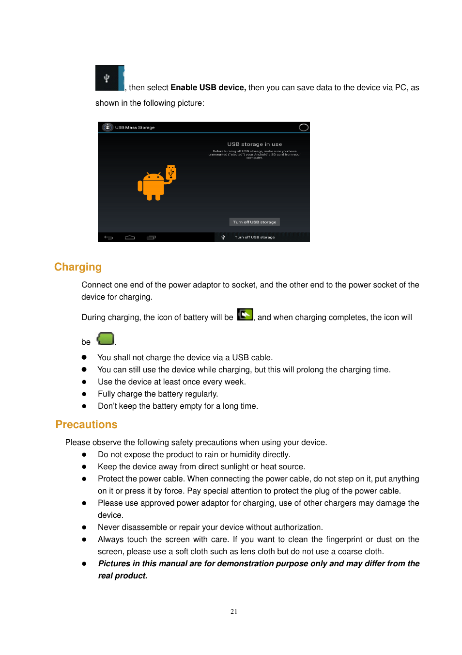 Charging, Precautions | Lenco CARTAB-925 User Manual | Page 21 / 23