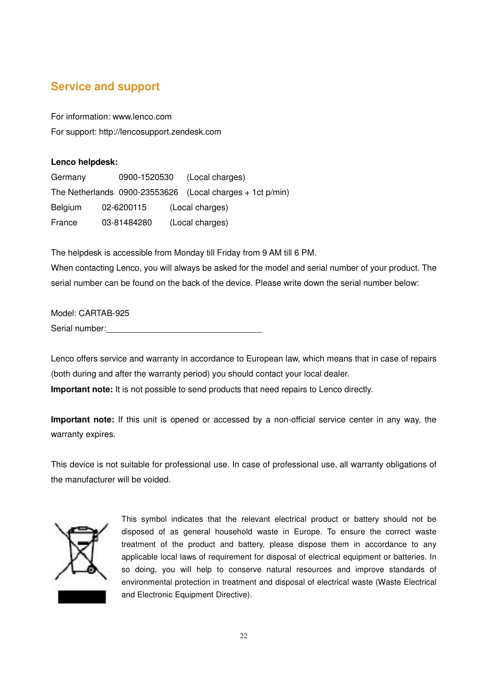 Service and support | Lenco CARTAB-925 User Manual | Page 22 / 23