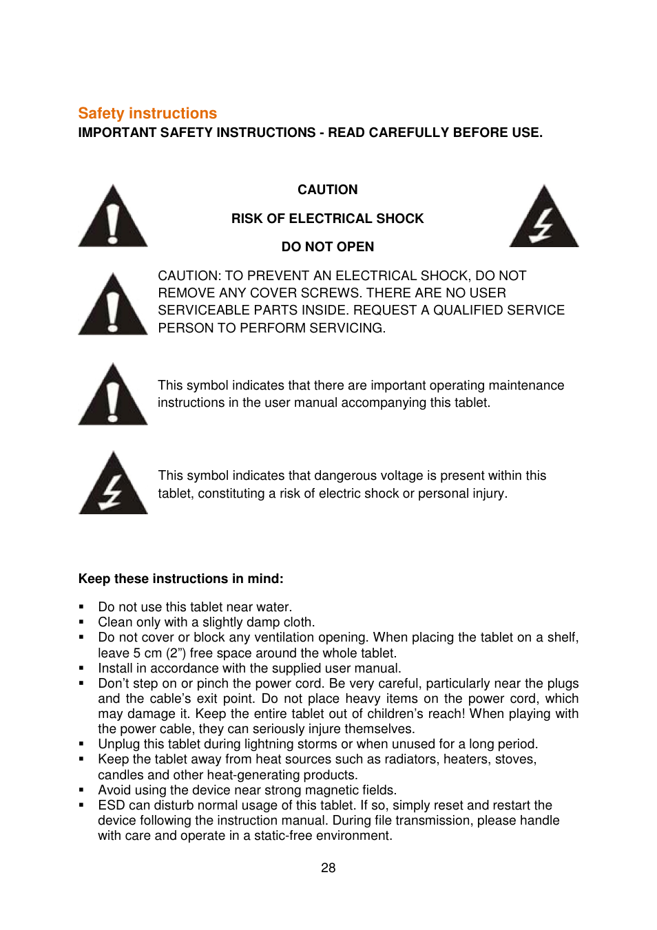 Safety instructions | Lenco COOLTAB-70 User Manual | Page 28 / 34