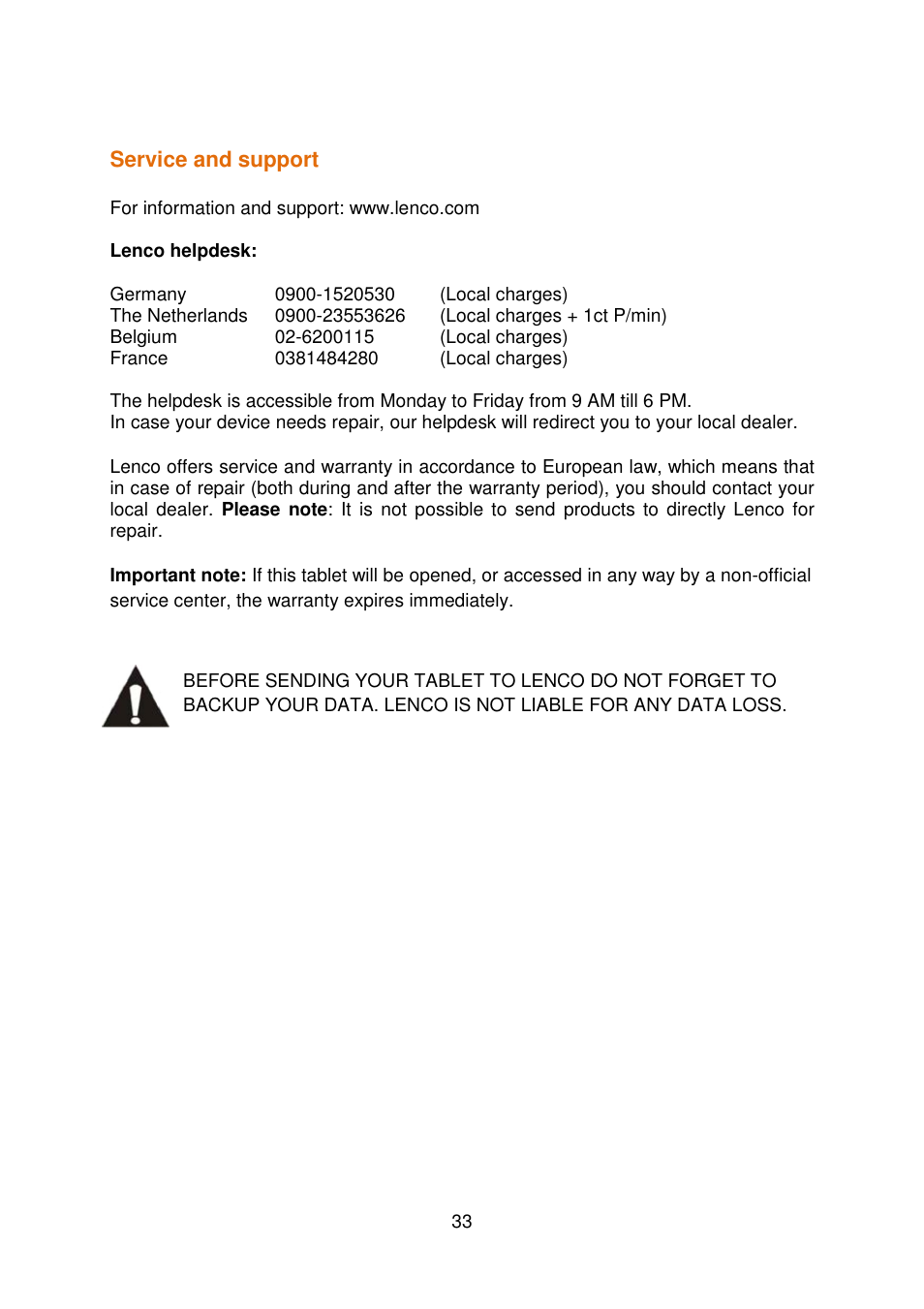 Lenco COOLTAB-70 User Manual | Page 33 / 34