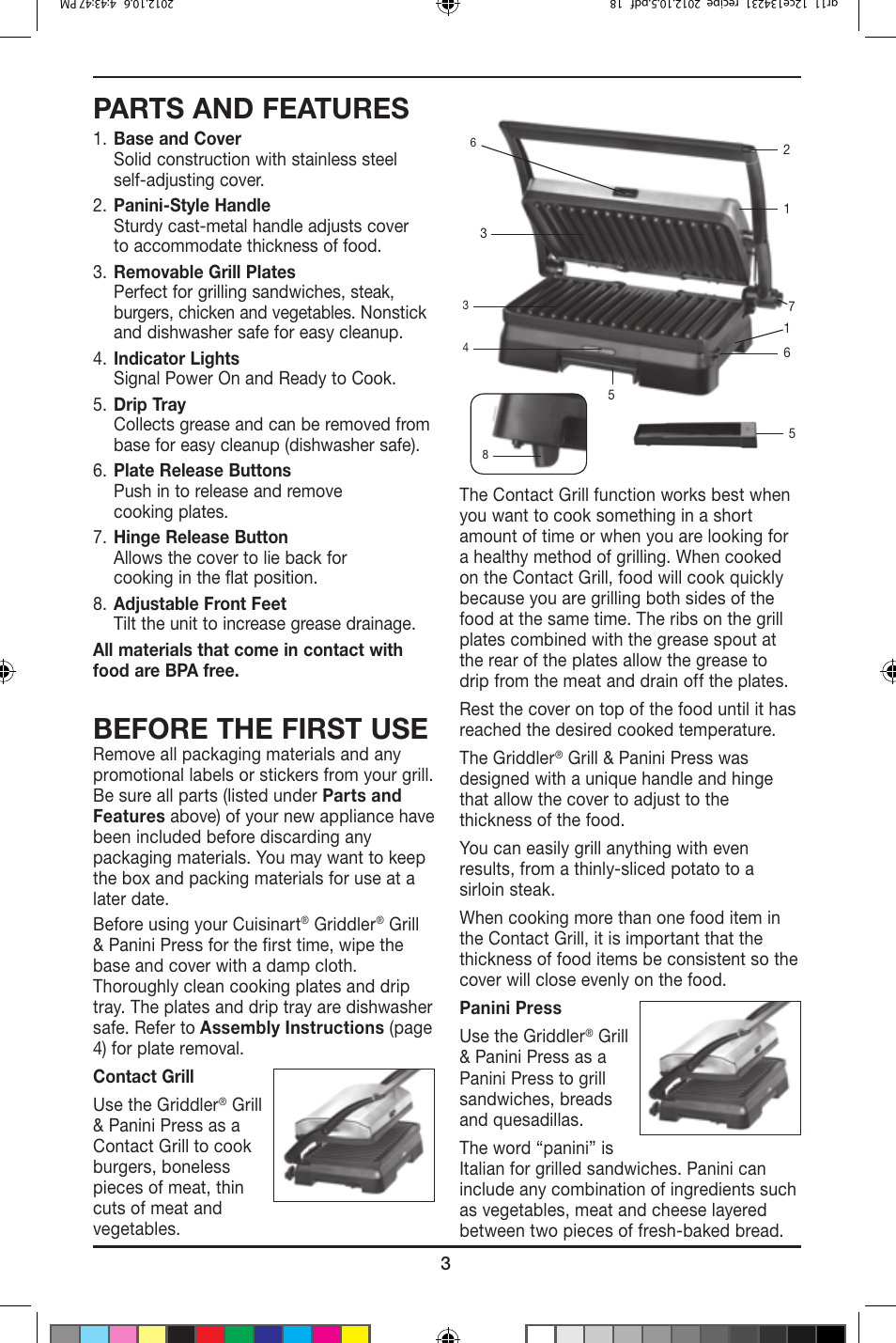 Parts and features, Before the first use | Cuisinart Criddler Grill & Panini Press GR-11 User Manual | Page 3 / 8