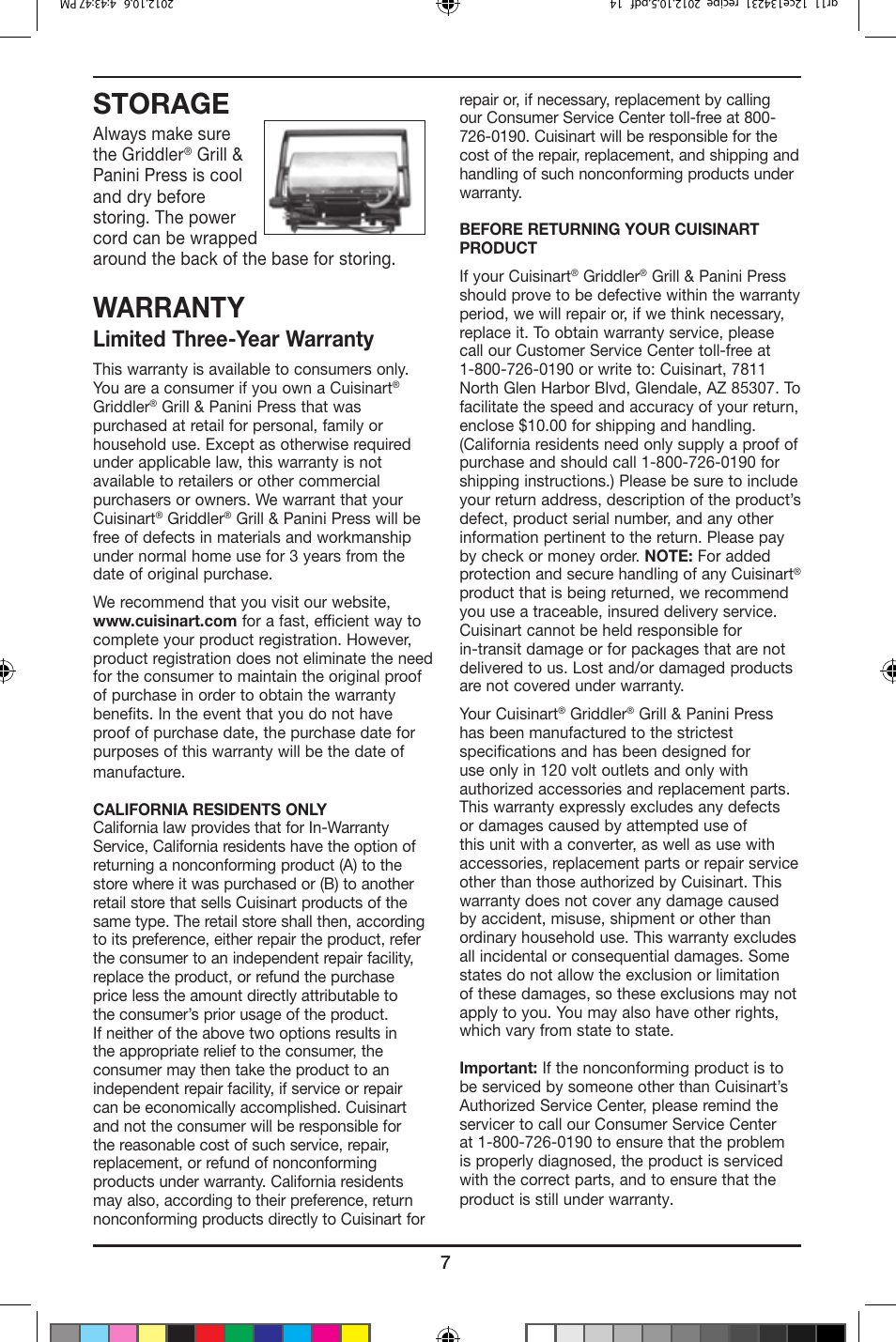 Storage, Warranty, Limited three-year warranty | Cuisinart Criddler Grill & Panini Press GR-11 User Manual | Page 7 / 8