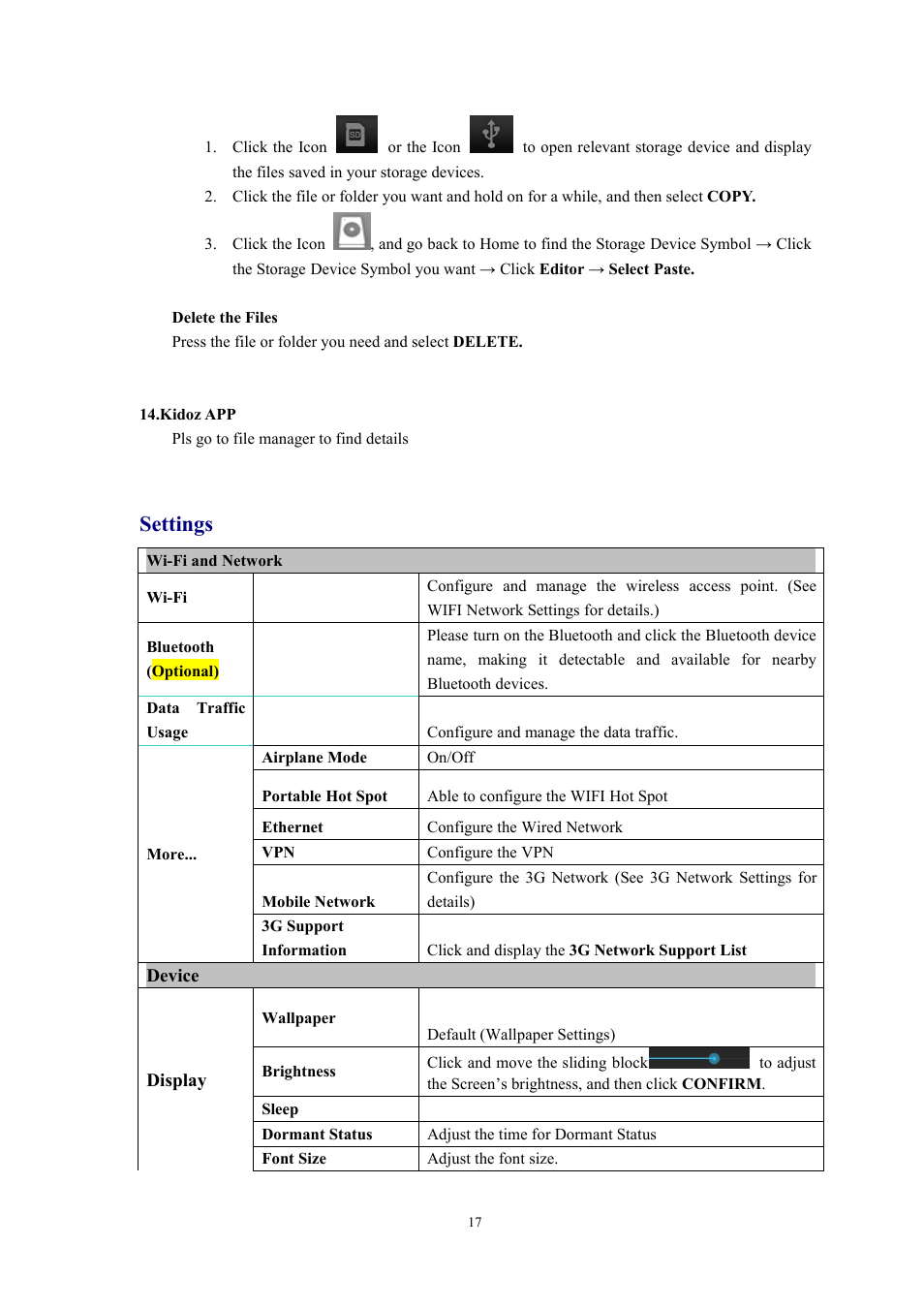 Settings | Lenco Cooltab-74 User Manual | Page 17 / 25