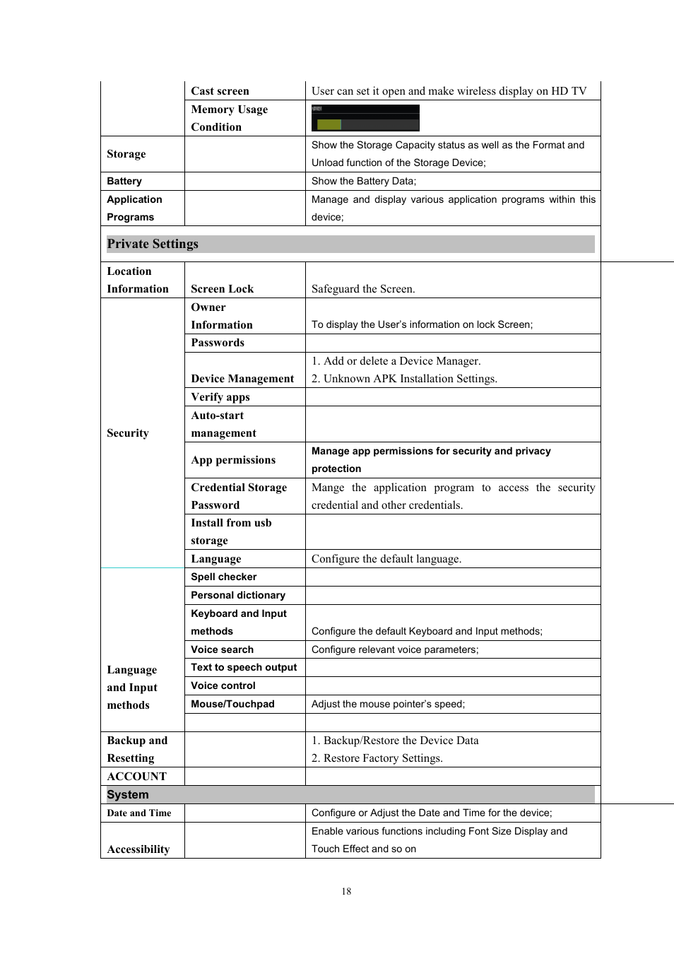 Private settings | Lenco Cooltab-74 User Manual | Page 18 / 25