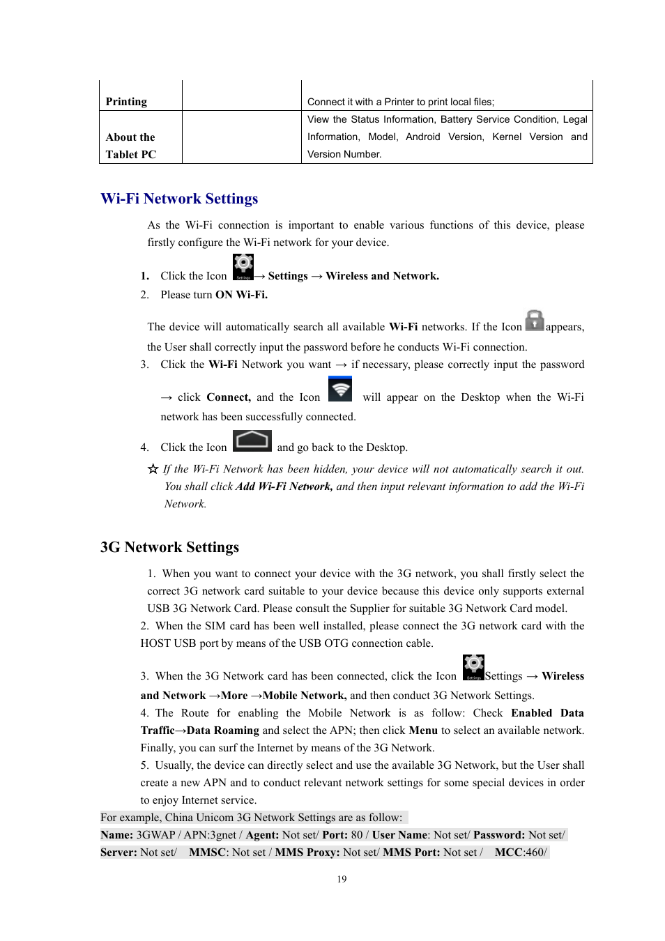 Wi-fi network settings, 3g network settings | Lenco Cooltab-74 User Manual | Page 19 / 25