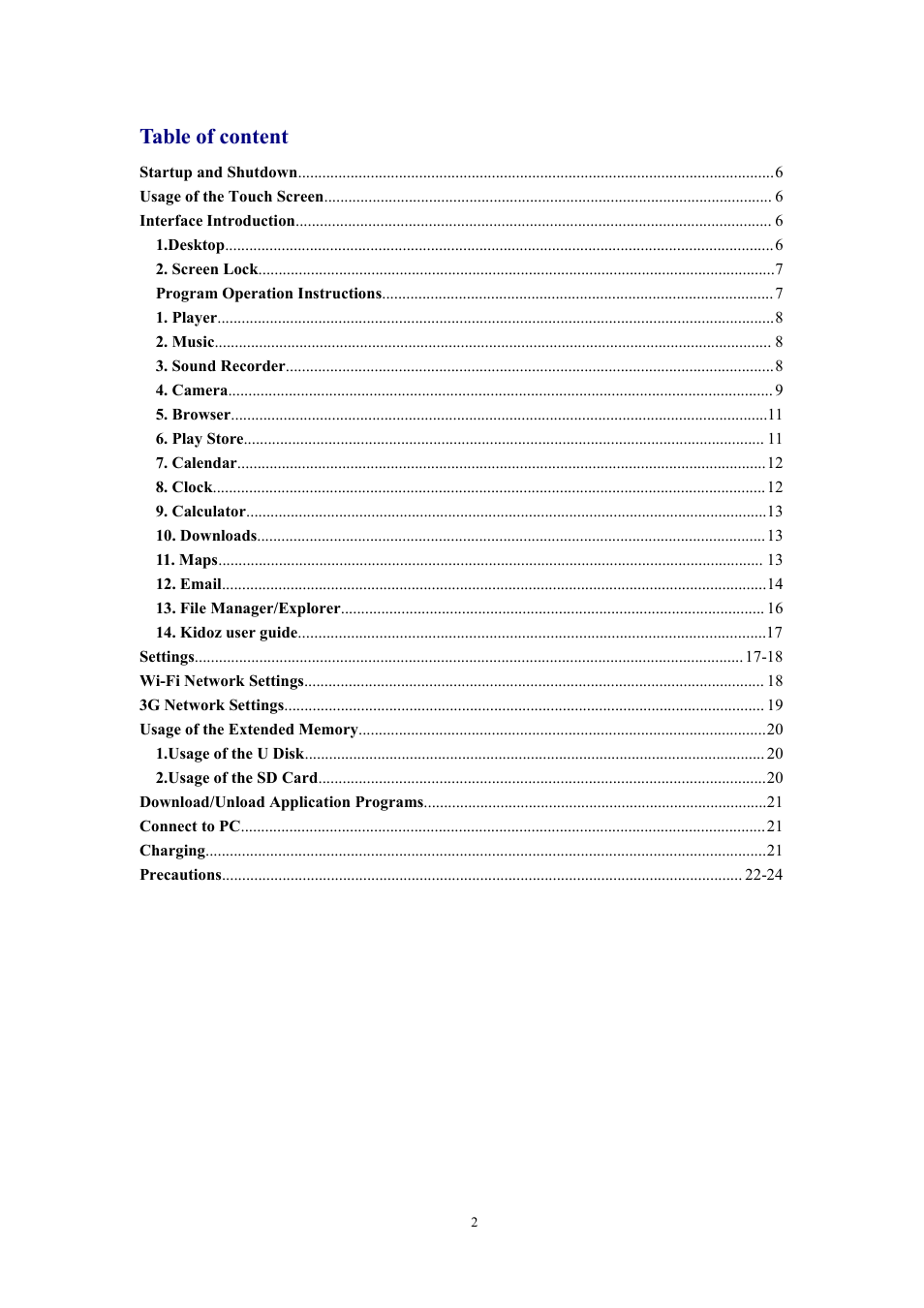 Table of content | Lenco Cooltab-74 User Manual | Page 2 / 25