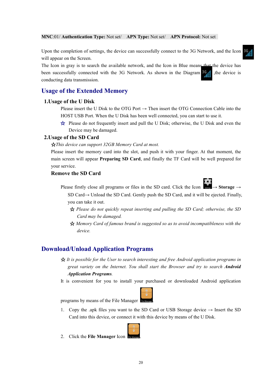 Usage of the extended memory, Usage of the u disk 2.usage of the sd card, Download/unload application programs | Lenco Cooltab-74 User Manual | Page 20 / 25