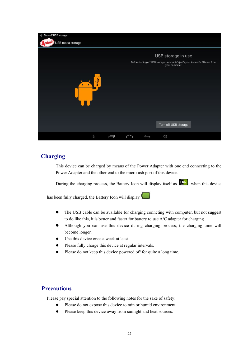 Charging precautions, Charging, Precautions | Lenco Cooltab-74 User Manual | Page 22 / 25
