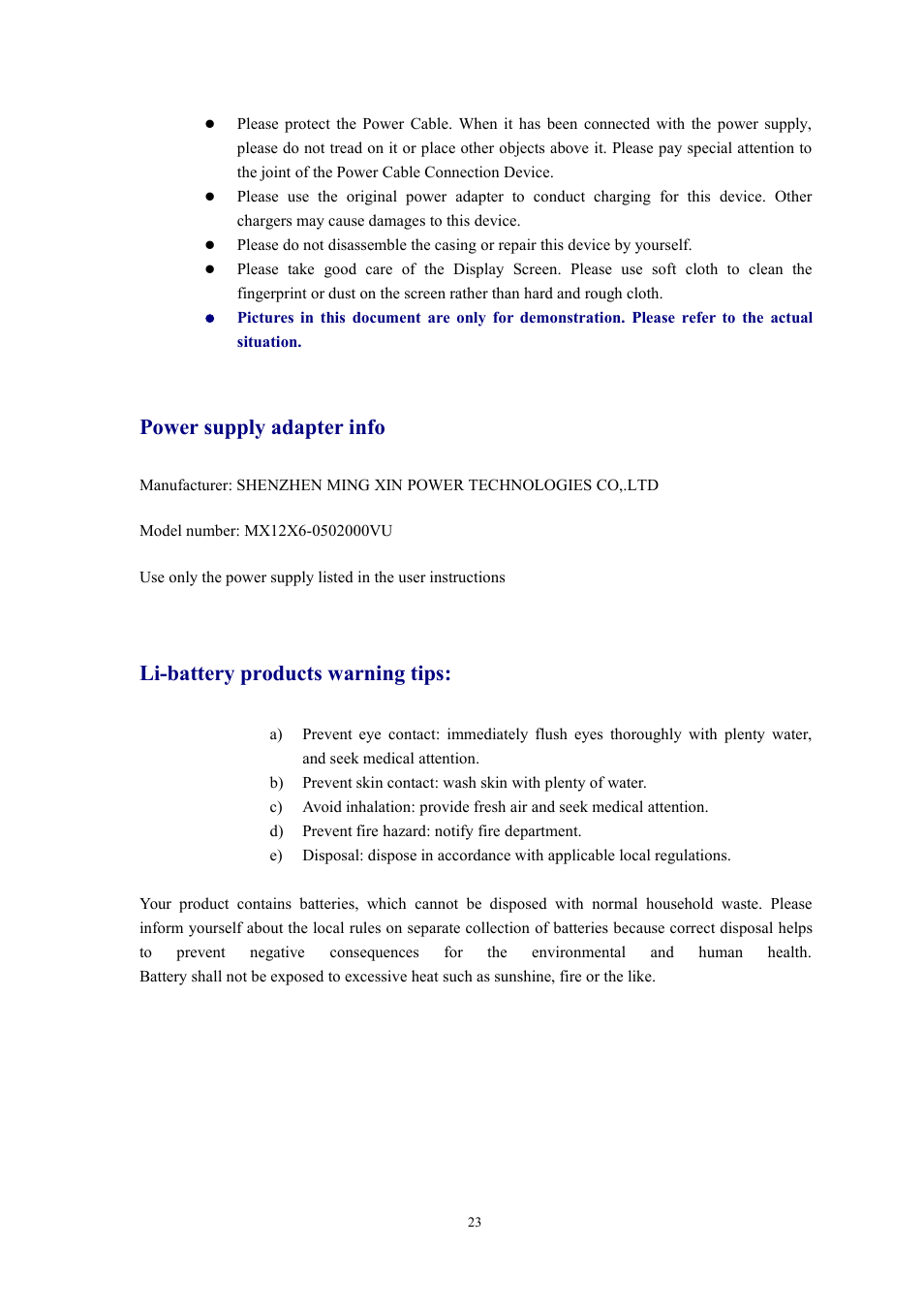 Power supply adapter info, Li-battery products warning tips | Lenco Cooltab-74 User Manual | Page 23 / 25