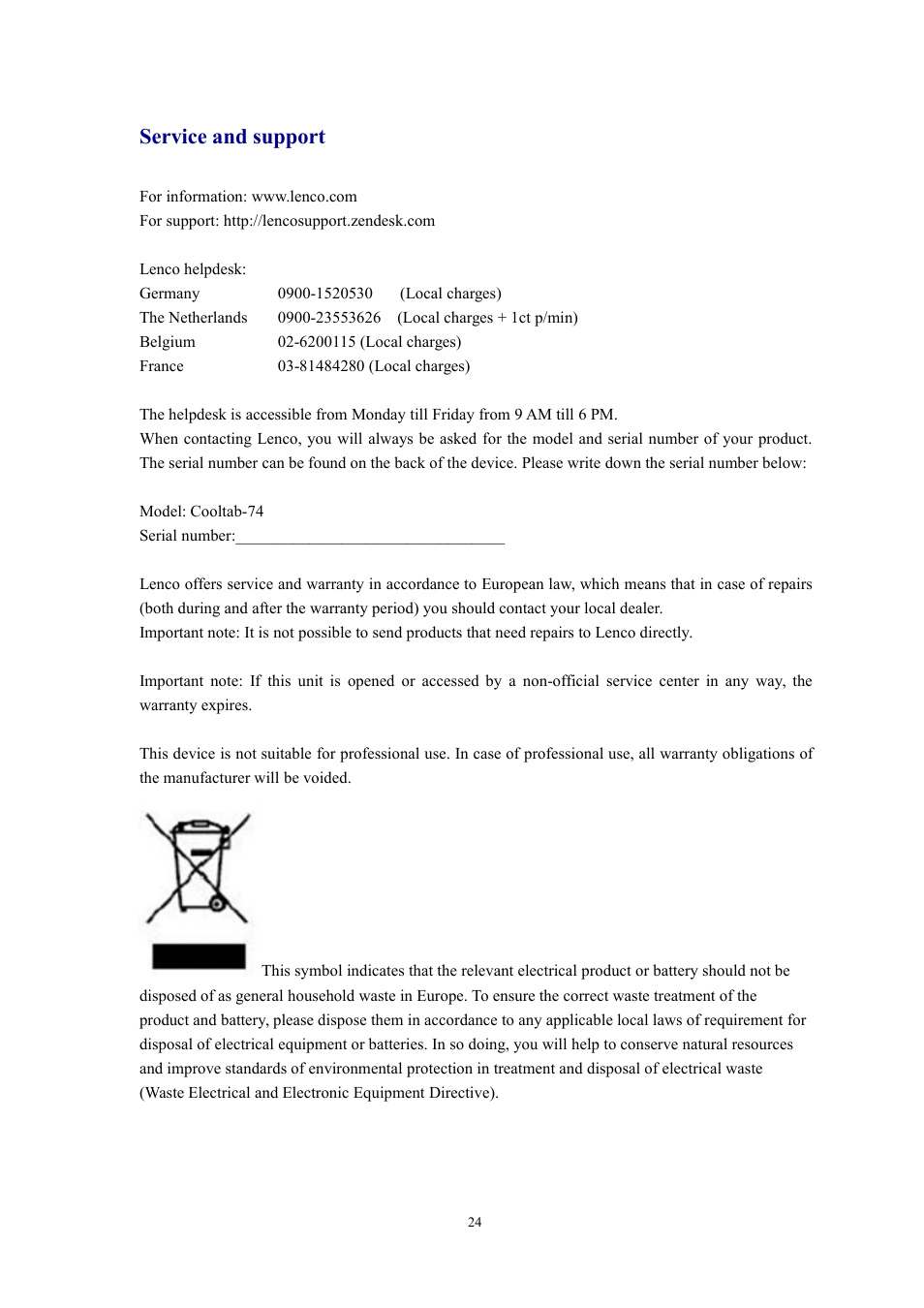 Service and support | Lenco Cooltab-74 User Manual | Page 24 / 25