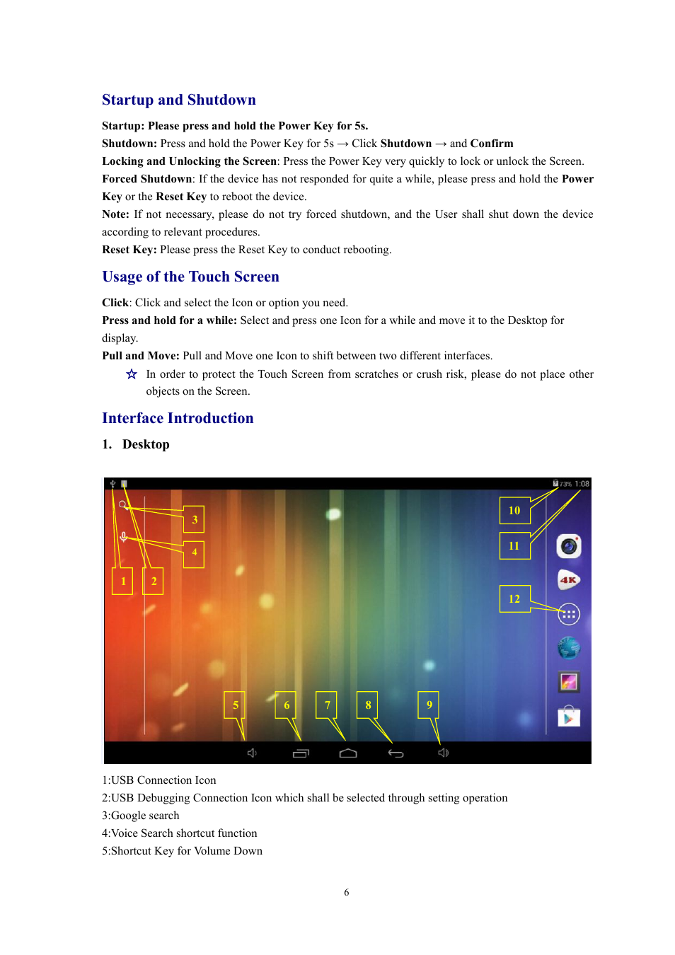 Usage of the touch screen interface introduction, Desktop, Startup and shutdown | Usage of the touch screen, Interface introduction | Lenco Cooltab-74 User Manual | Page 6 / 25