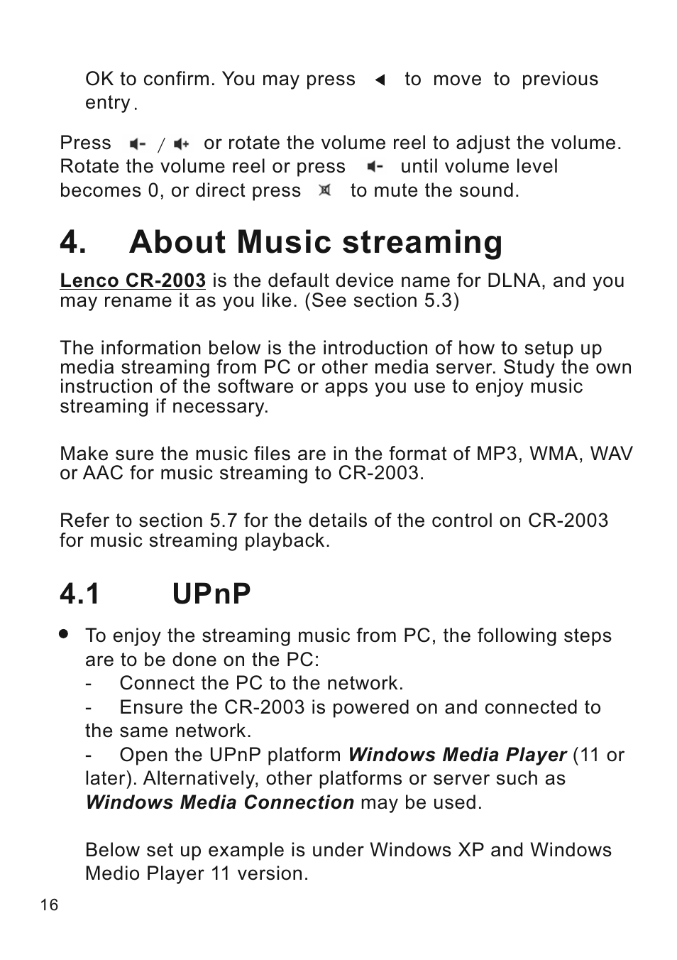 About music streaming, 1 upnp | Lenco CR-2003 User Manual | Page 16 / 52