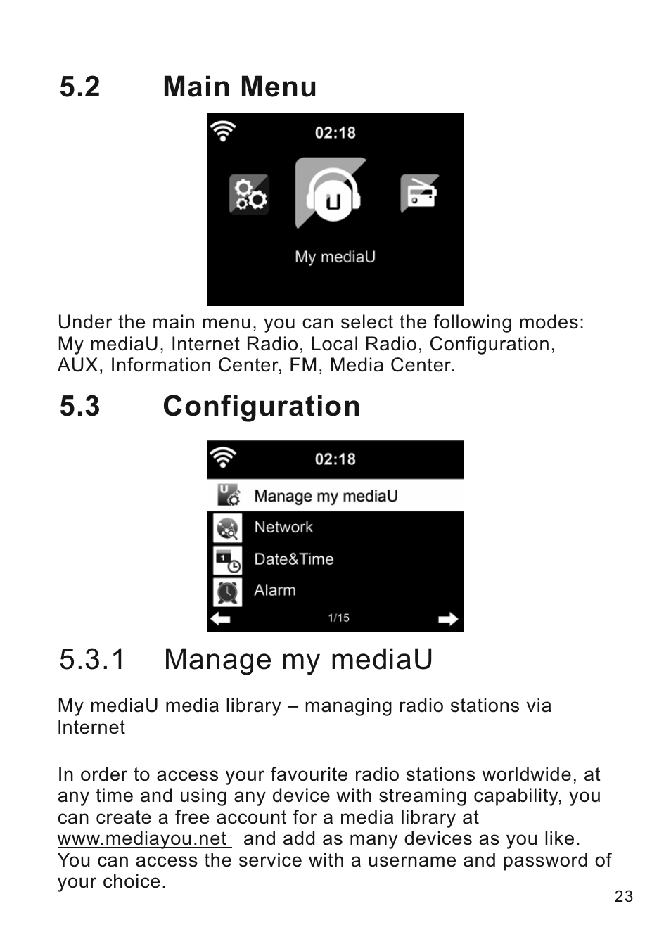 2 main menu, 3 configuration 5.3.1 manage my mediau | Lenco CR-2003 User Manual | Page 23 / 52