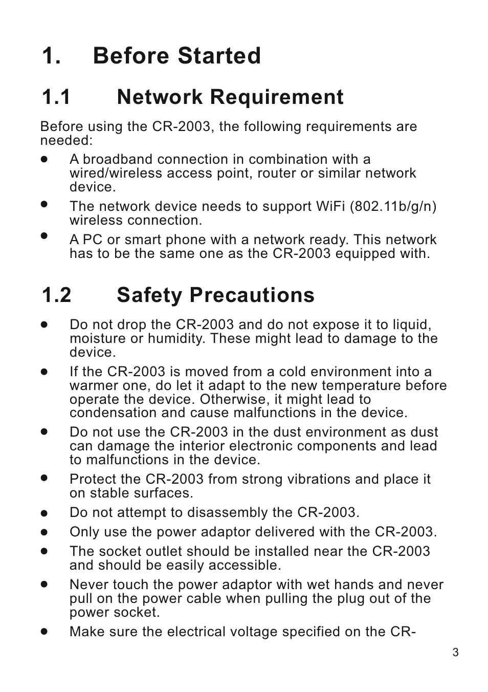 Before started, 1 network requirement 1.2 safety precautions | Lenco CR-2003 User Manual | Page 3 / 52