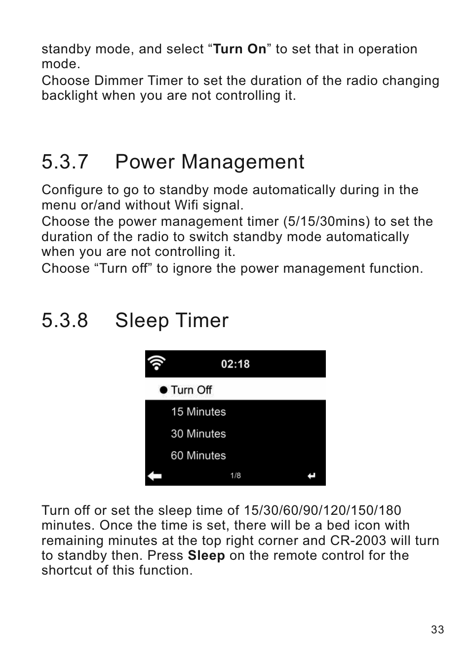7 power management, 8 sleep timer | Lenco CR-2003 User Manual | Page 33 / 52
