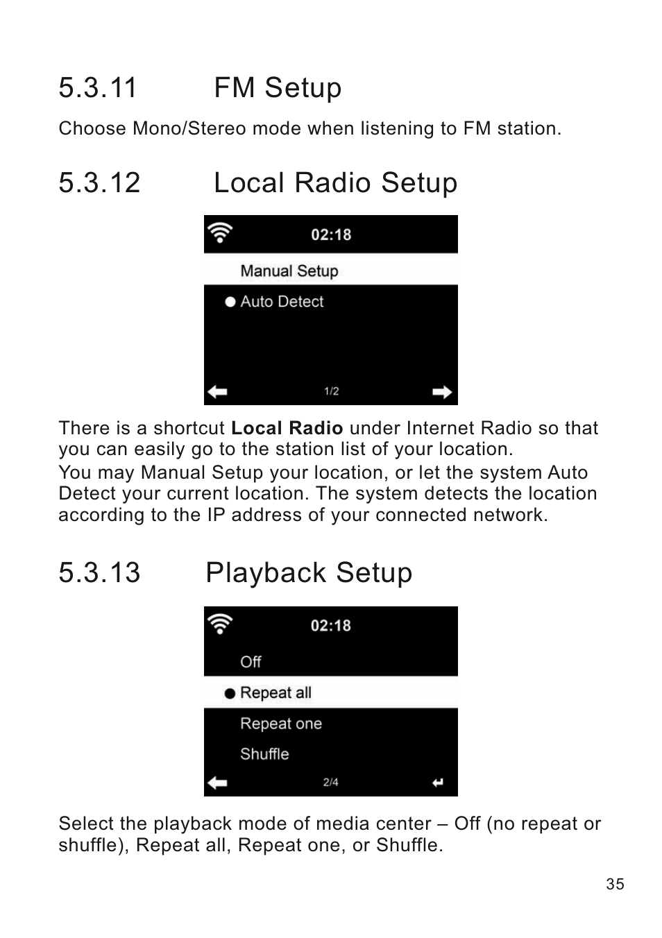 11 fm setup, 12 local radio setup, 13 playback setup | Lenco CR-2003 User Manual | Page 35 / 52
