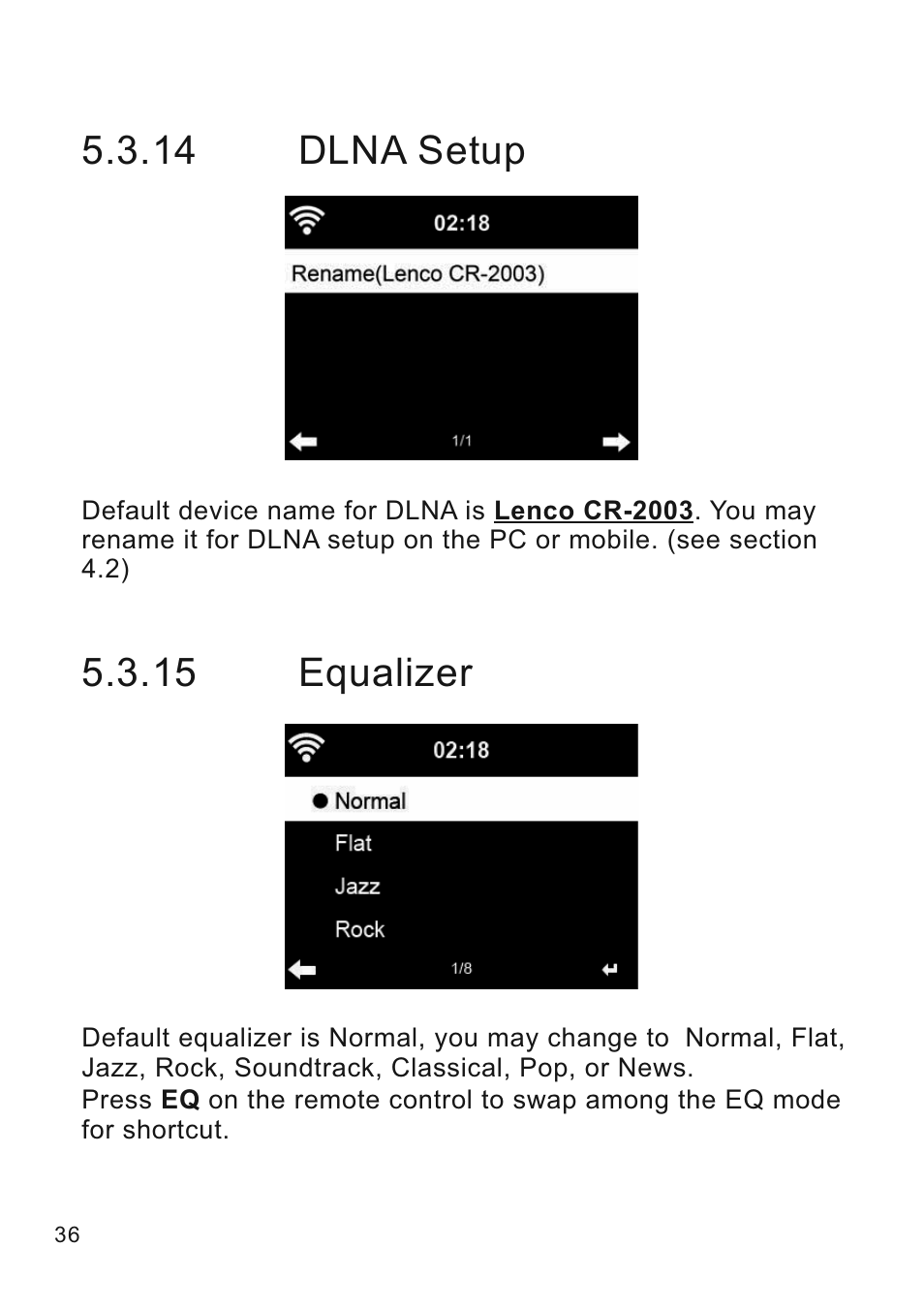14 dlna setup, 15 equalizer | Lenco CR-2003 User Manual | Page 36 / 52