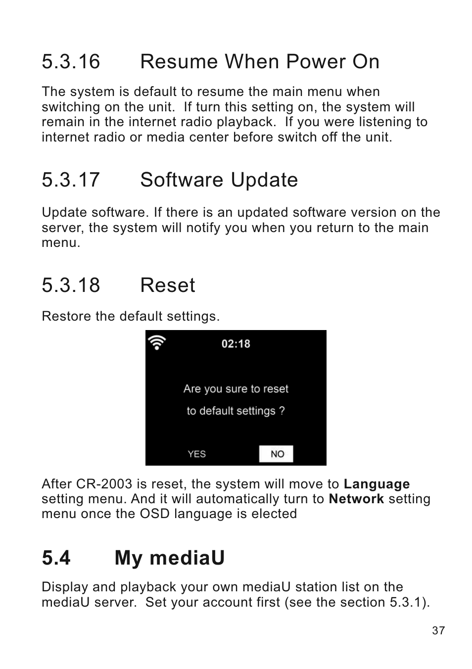 16 resume when power on, 17 software update, 18 reset | 4 my mediau | Lenco CR-2003 User Manual | Page 37 / 52